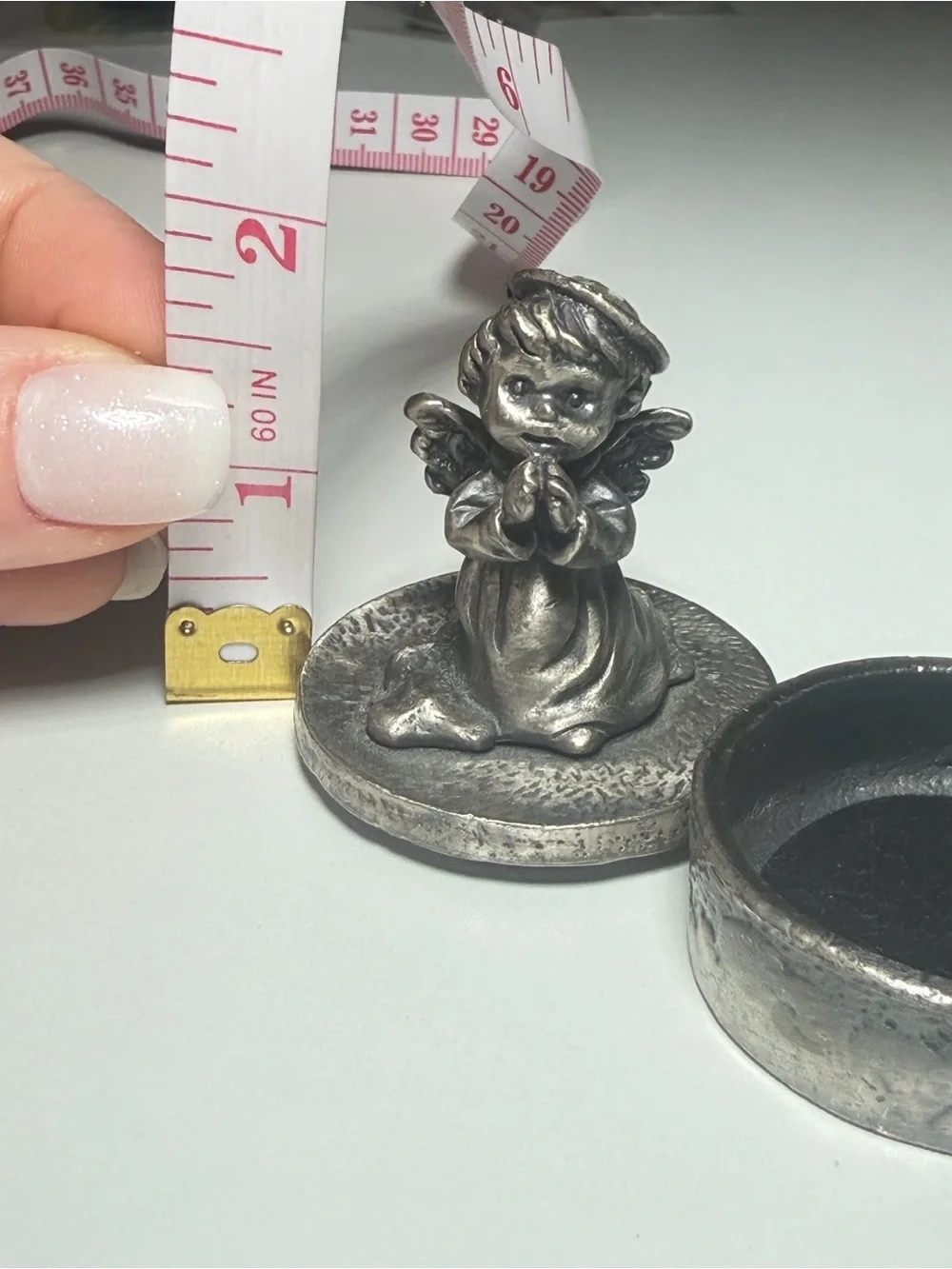 Pewter Tooth Fairy Angel Trinket Box Rhinestone Halo Vintage